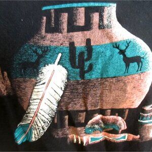 Large Vintage Southwestern T-Shirt Southwest Pottery Feather Print Mens L 1990's